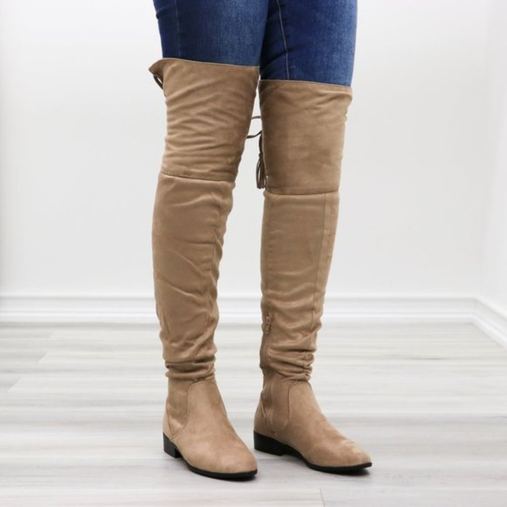 Tan Suede Thigh High Flat Boot With Lace Up Back - Picture 13 of 14